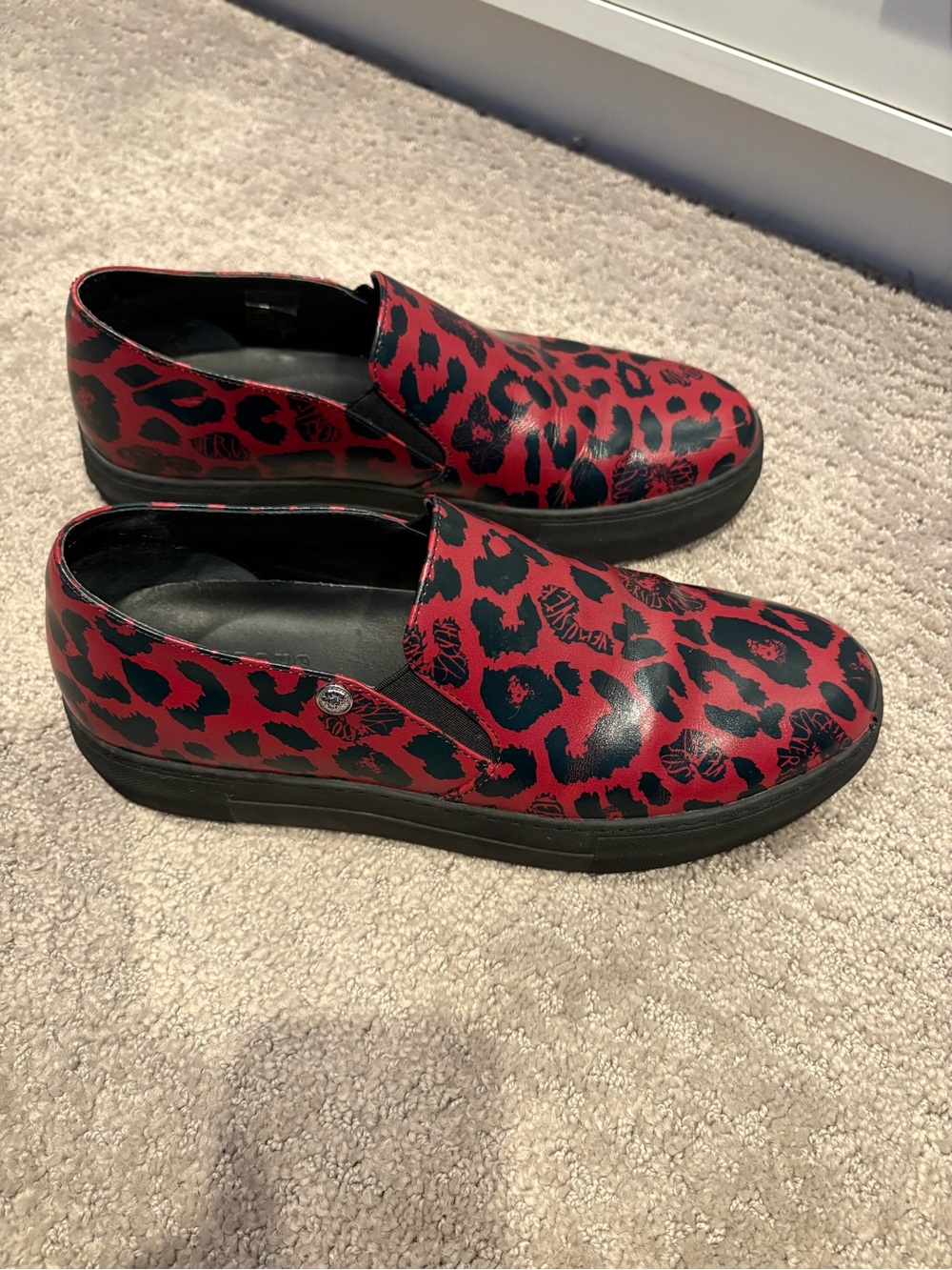 Versus Versace Red and Black Leopard-Print Slip-On Sneakers